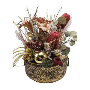 Freigestellt Blumengesteck Herbstgesteck Banksia Trompetenblumen Kugeln rot gold XL