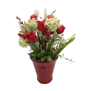 Freigestellt Frühlingsgesteck Tulpen Hyazinthen Gräser rot weiß im Topf