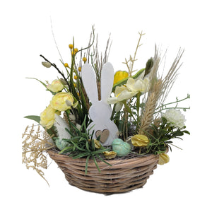 Freigestellt Ostergesteck Frühlingsgesteck Tulpen Gräser Hase weiß gelb