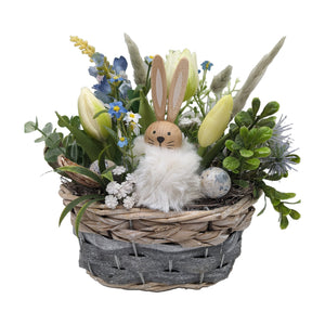Freigestellt Ostergesteck Frühlingsgesteck Tulpen Hase Korb blau weiss