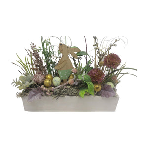 Freigestellt Seidenblumengesteck Ostergesteck Häsin Eier Allium grün lila