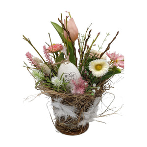 Freigestellt Ostergesteck Frühlingsgesteck Tulpe Bellis Ei Blüten rosa weiß