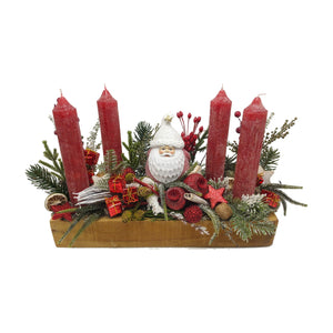 Freigestellt Adventsgesteck Weihnachtsgesteck Kerzen Weihnachtsmann Geschenke rot weiß