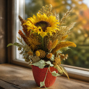Szene Herbstgesteck Sonnenblume Weizen Gräser gelb im roten Topf