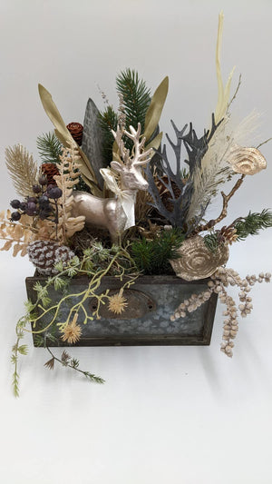 Weihnachtsgesteck creme gold mit Hirsch, Geweihzweigen, beschneitem Zapfen und hellen Gräsern in alter Zinkschublade