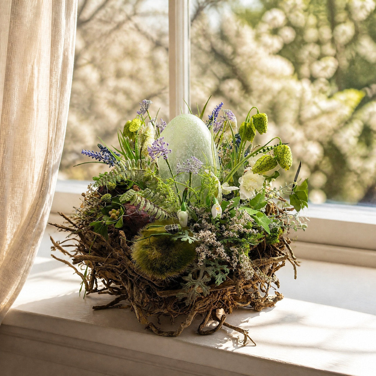 Frühlingsgesteck mit Glas-Ei auf der Fensterbank
