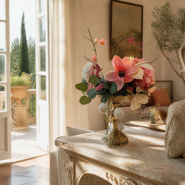 Sommergesteck mit Magnolie und Hortensie auf Goldpokal