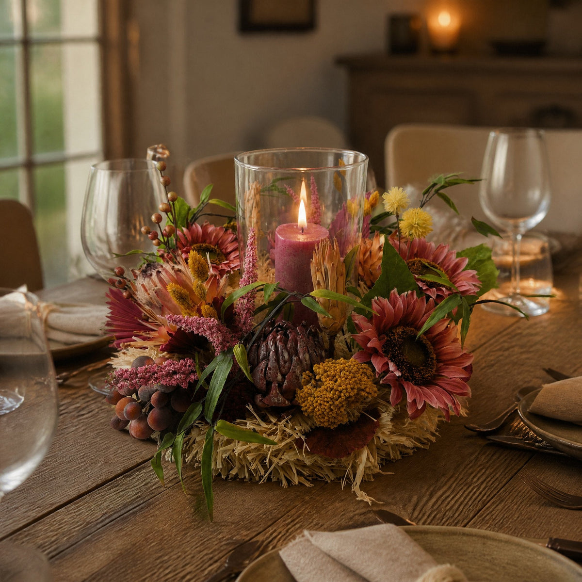 Tischgesteck mit Windlicht und Sonnenblumen auf der gedeckten Tafel