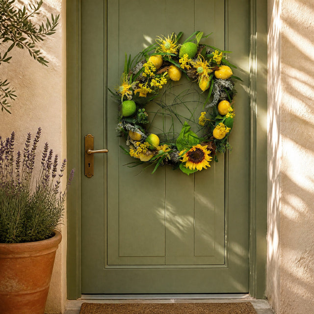 Sommerlicher Türkranz mit Sonnenblumen und Zitronen an einer grünen Haustür