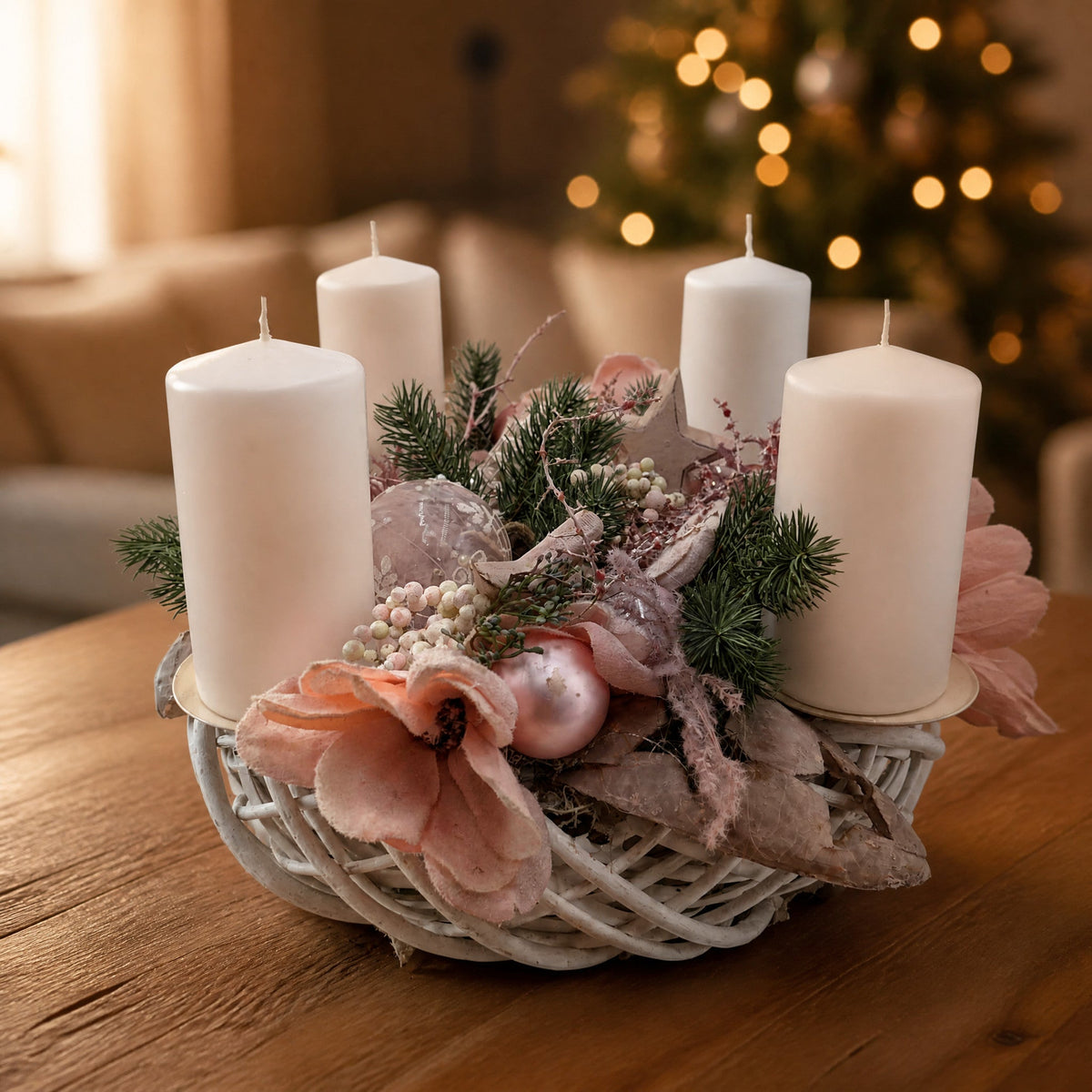 Weißer Adventskranz mit Magnolien und Kerzen