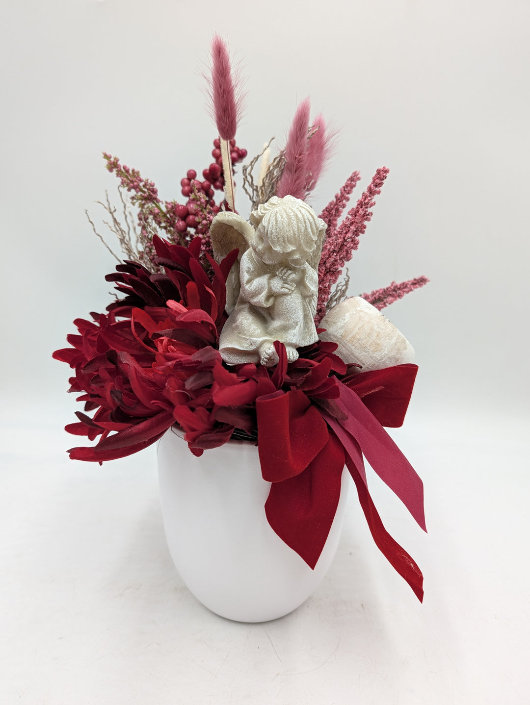 Grabgesteck Engel Chrysanthemen Schleife rot rosa – Ansicht 4