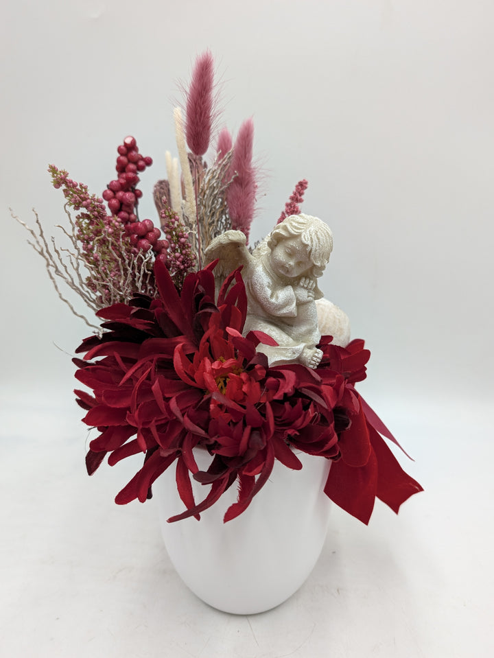 Grabgesteck Engel Chrysanthemen Schleife rot rosa – Ansicht 5