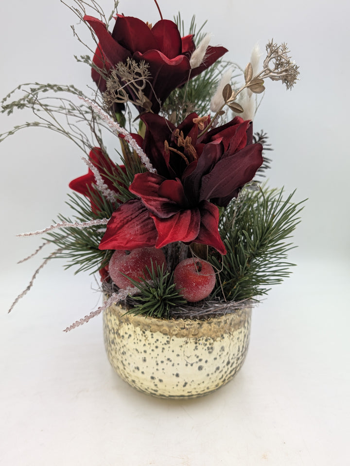 Weihnachtsgesteck Amaryllis Tanne Zapfen rot gold – Ansicht 4
