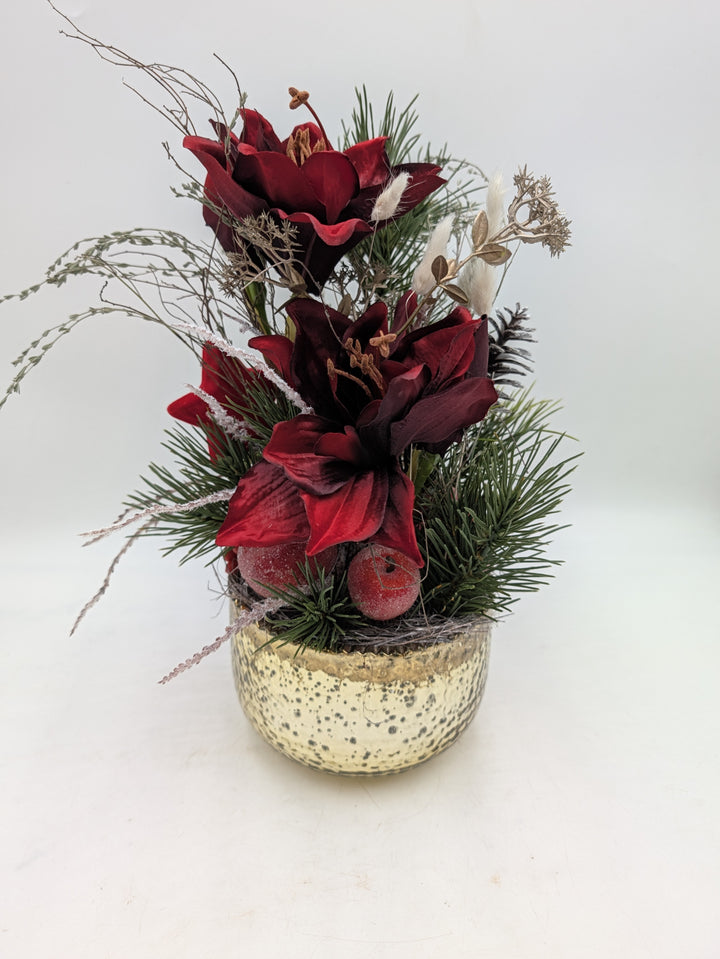 Weihnachtsgesteck Amaryllis Tanne Zapfen rot gold – Ansicht 5