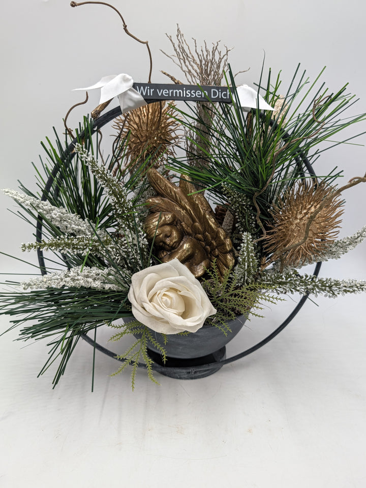 Grabgesteck Engel Rose Heide gold weiß mit Schild – Ansicht 3