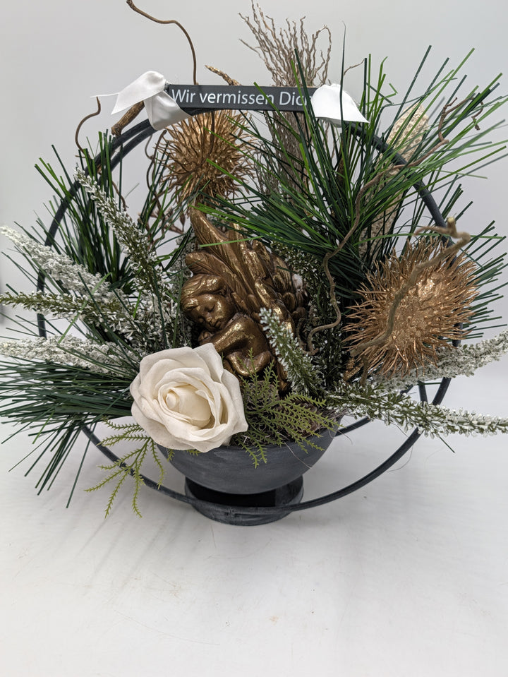 Grabgesteck Engel Rose Heide gold weiß mit Schild – Ansicht 4