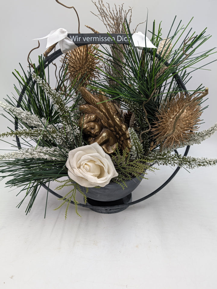 Grabgesteck Engel Rose Heide gold weiß mit Schild – Ansicht 5