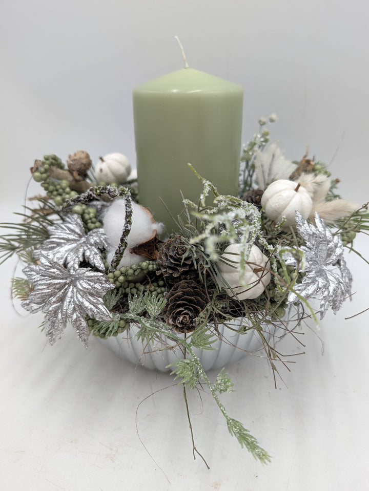 Wintergesteck Kerze mint Zapfen Baumwolle silber grün – Ansicht 4