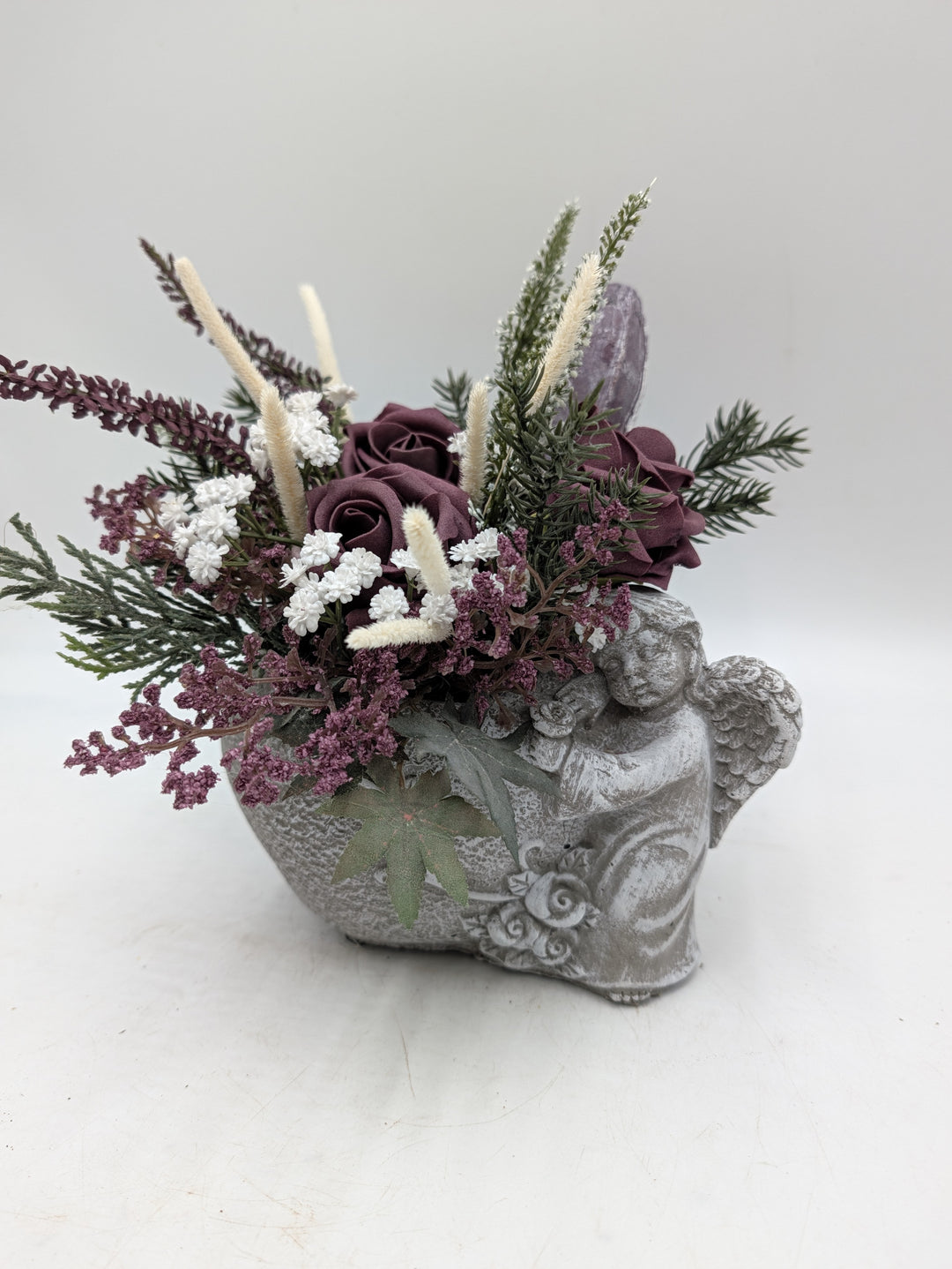 Trauergesteck Engel Rosen Heidekraut lila creme – Ansicht 3