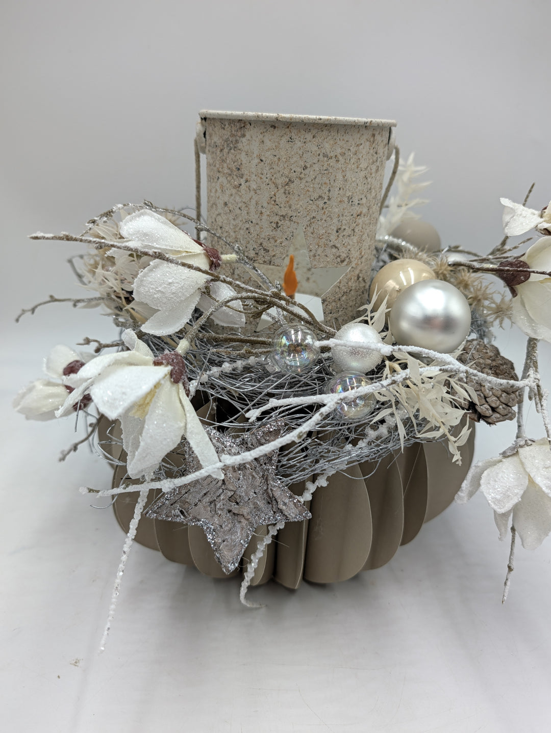 Wintergesteck Windlicht Magnolien Stern creme weiß – Ansicht 3