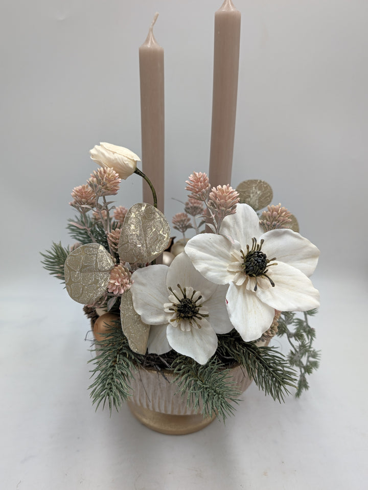 Wintergesteck Christrosen Tanne Kerzen creme rosé – Ansicht 4