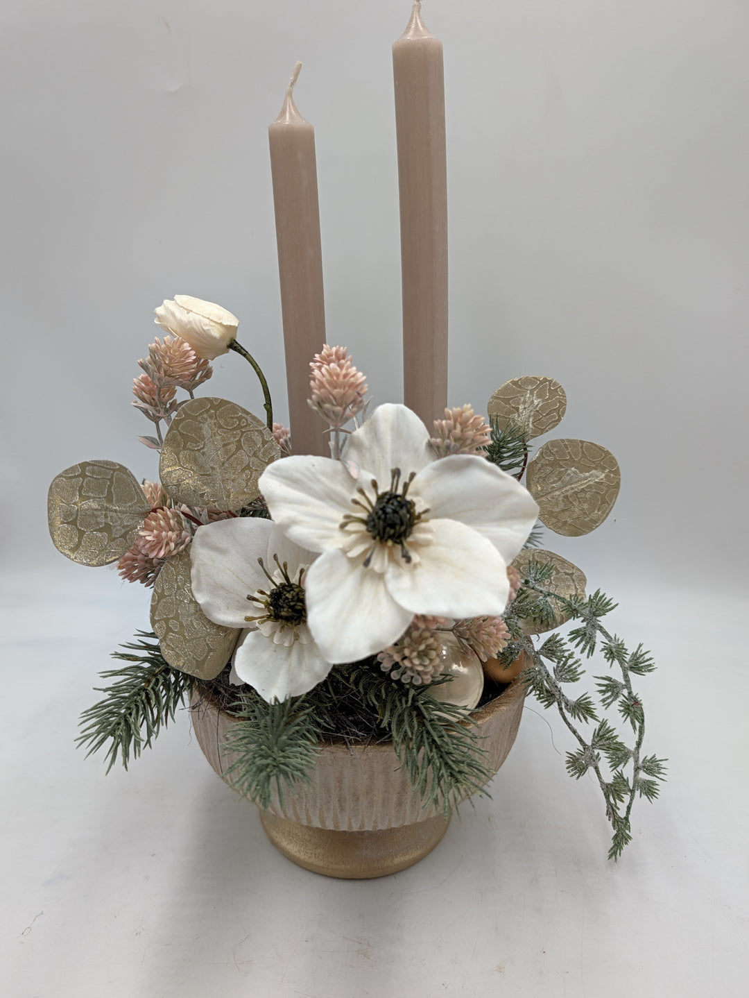Wintergesteck Christrosen Tanne Kerzen creme rosé – Ansicht 6
