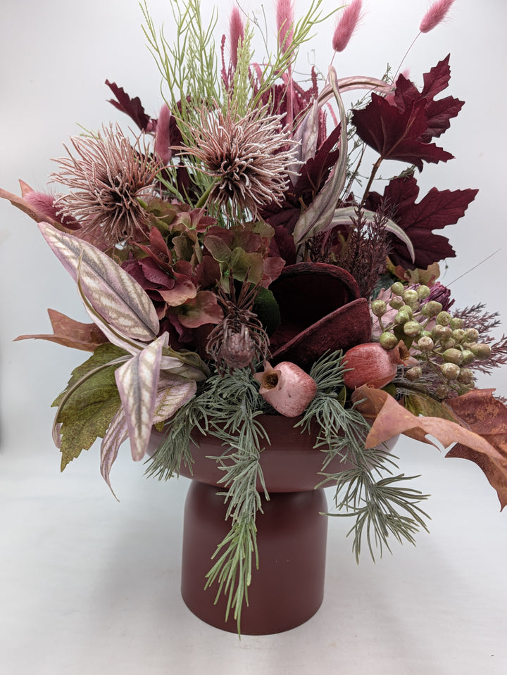 Herbstgesteck Hortensie Distel Gräser dunkelrot rosa – Ansicht 3