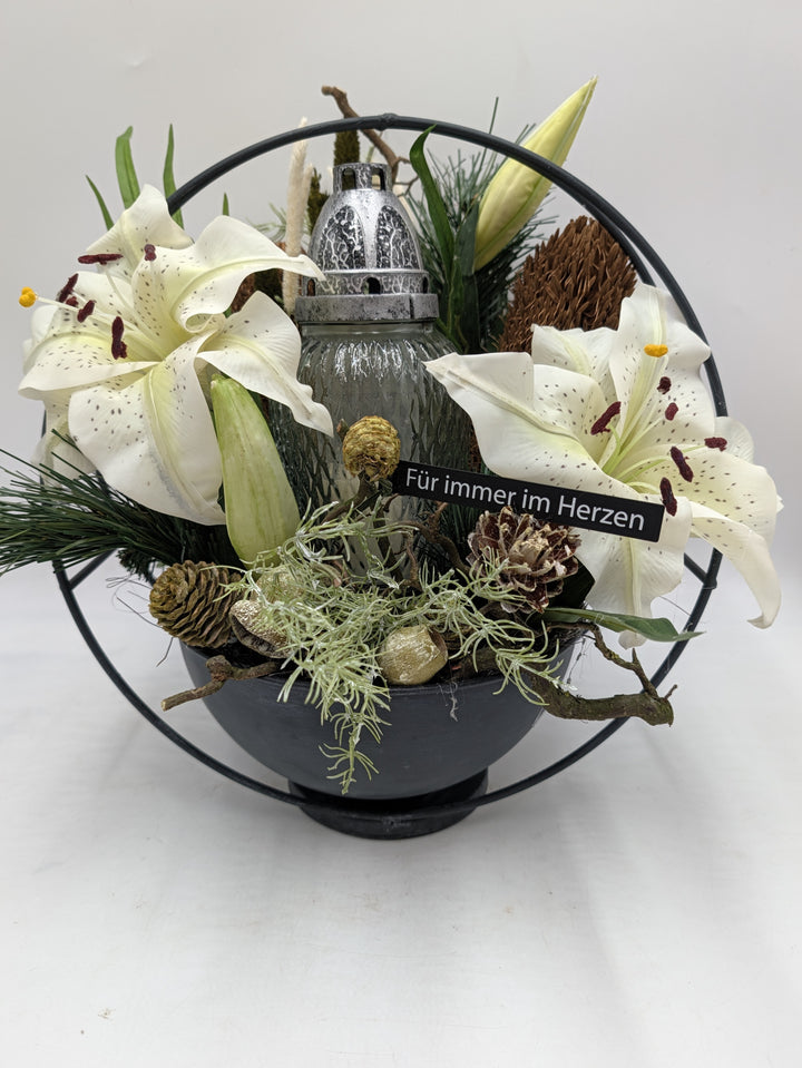 Grabgesteck Grablicht Lilien Zapfen weiß schwarz – Ansicht 6