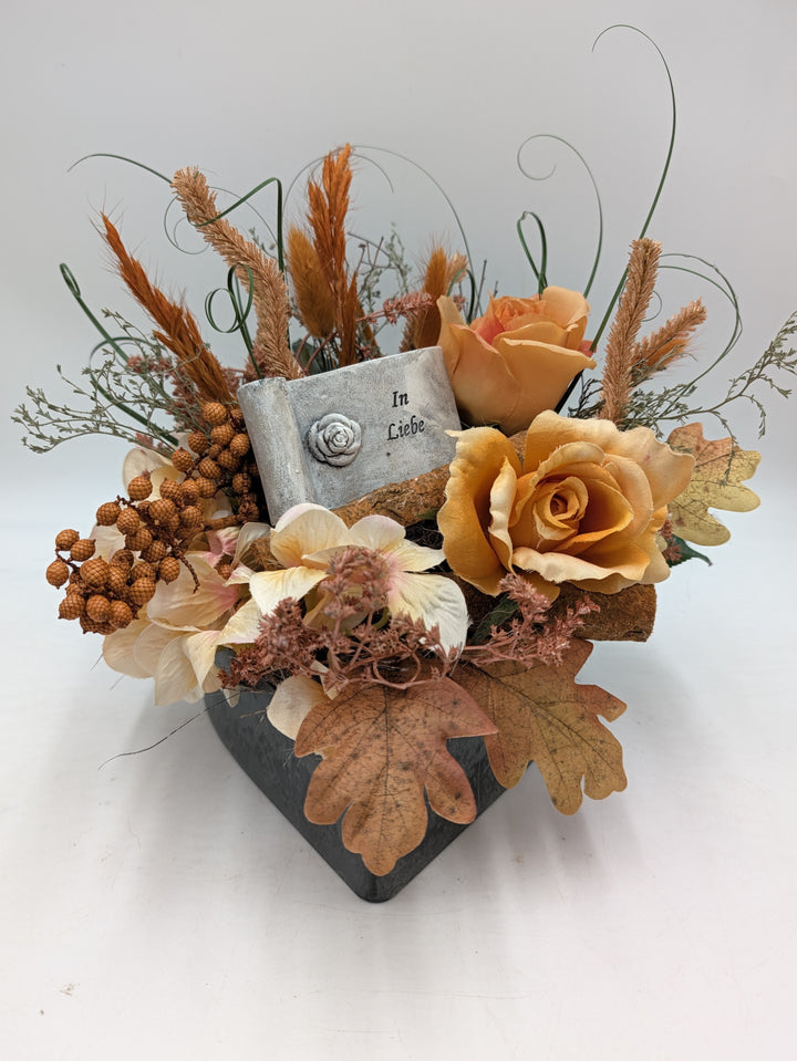 Trauergesteck Rosen Gräser Eichenlaub In Liebe orange creme – Ansicht 4
