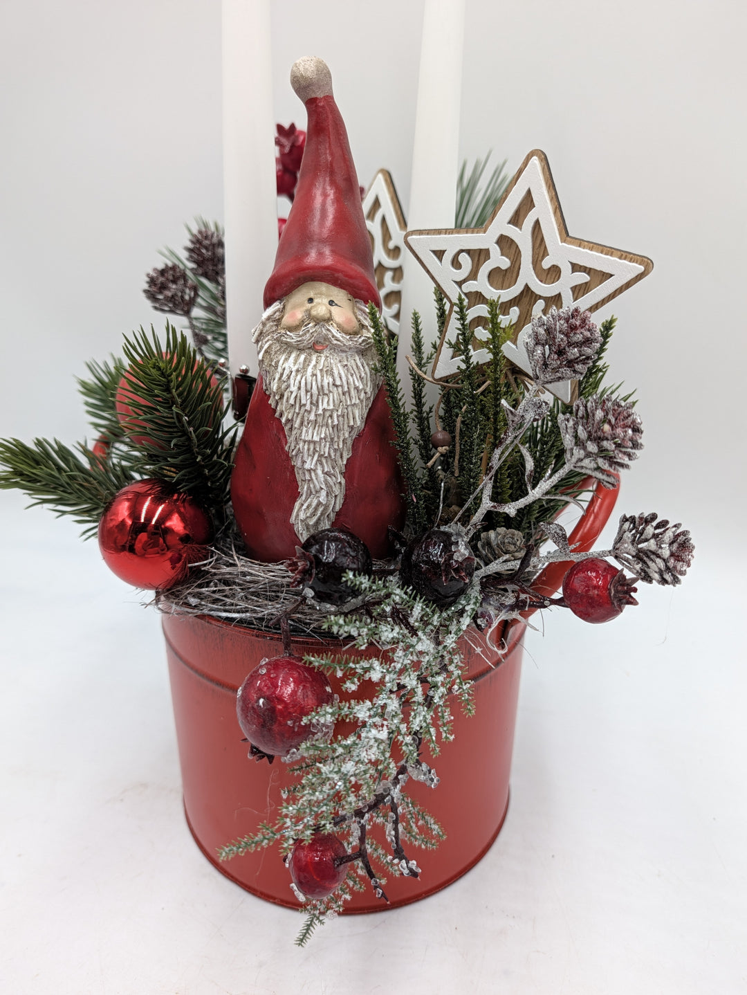 Weihnachtsgesteck Weihnachtsmann Kerzen Stern rot weiß – Ansicht 6