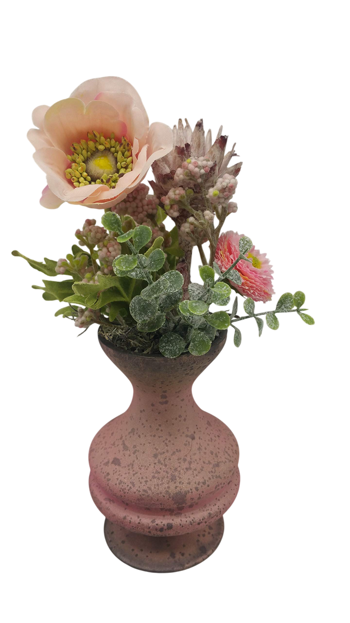 Seidenblumengesteck Frühlingsgesteck Kunstfloristik Anemone Feder Bellis rosa