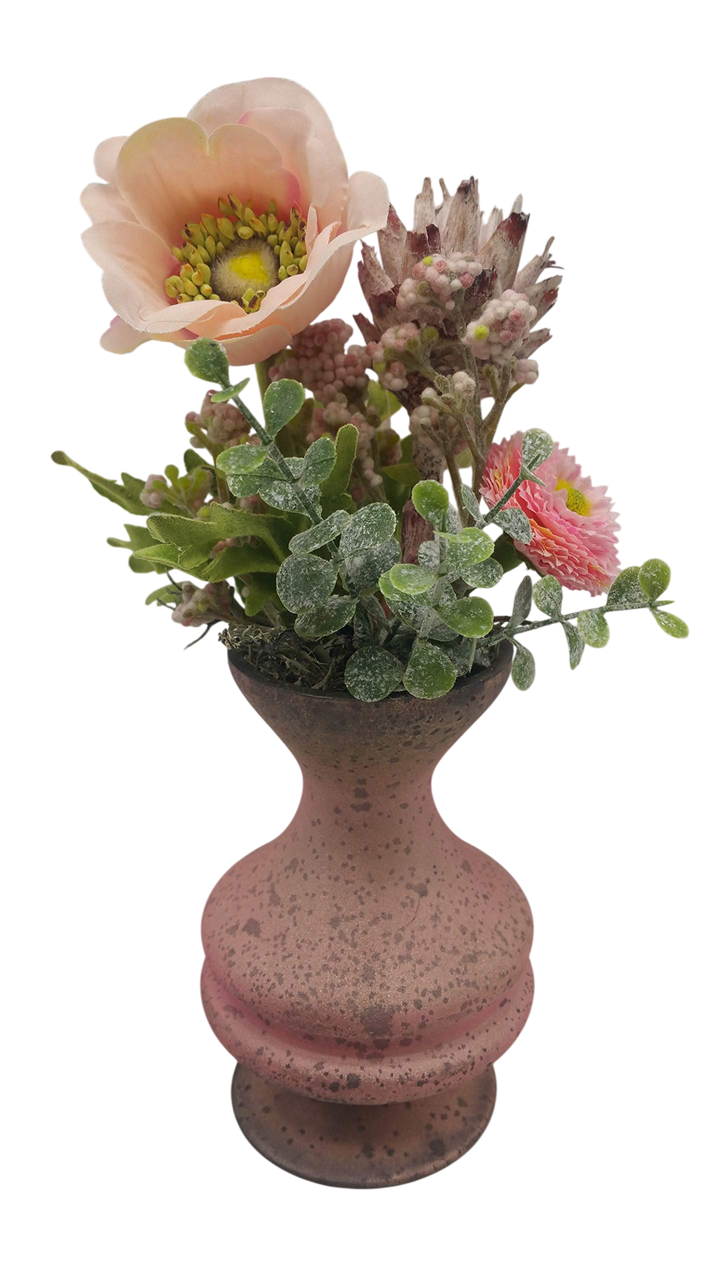 Seidenblumengesteck Frühlingsgesteck Kunstfloristik Anemone Feder Bellis rosa