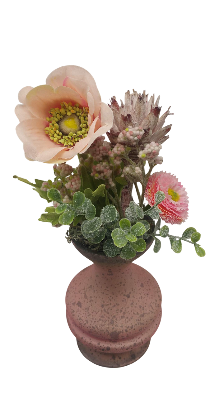 Seidenblumengesteck Frühlingsgesteck Kunstfloristik Anemone Feder Bellis rosa