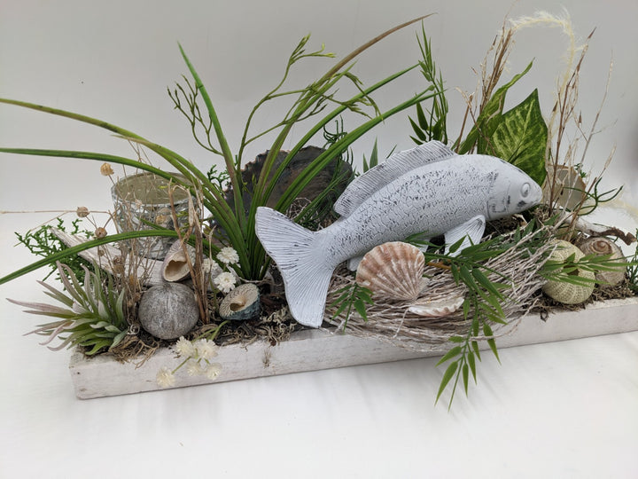 Sommergesteck Teelicht Schnecke Muschel Fisch Gräser silber