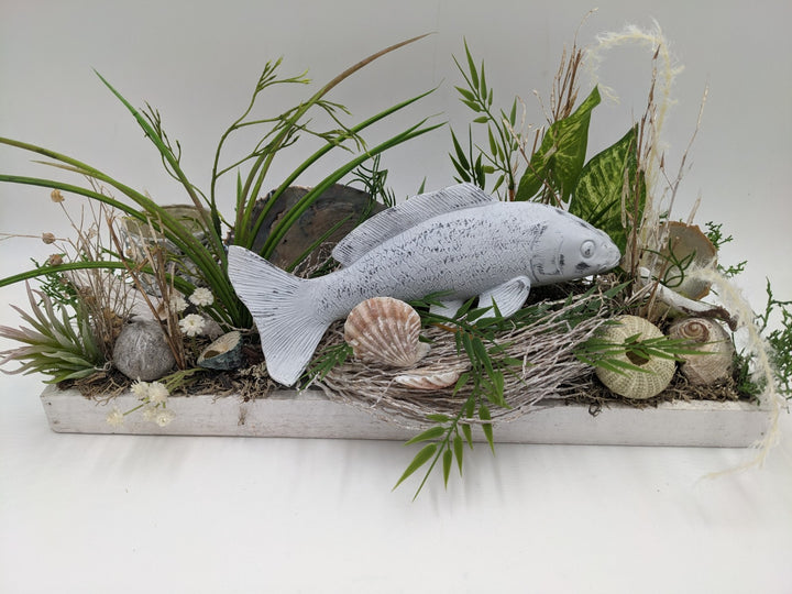Sommergesteck Teelicht Schnecke Muschel Fisch Gräser silber