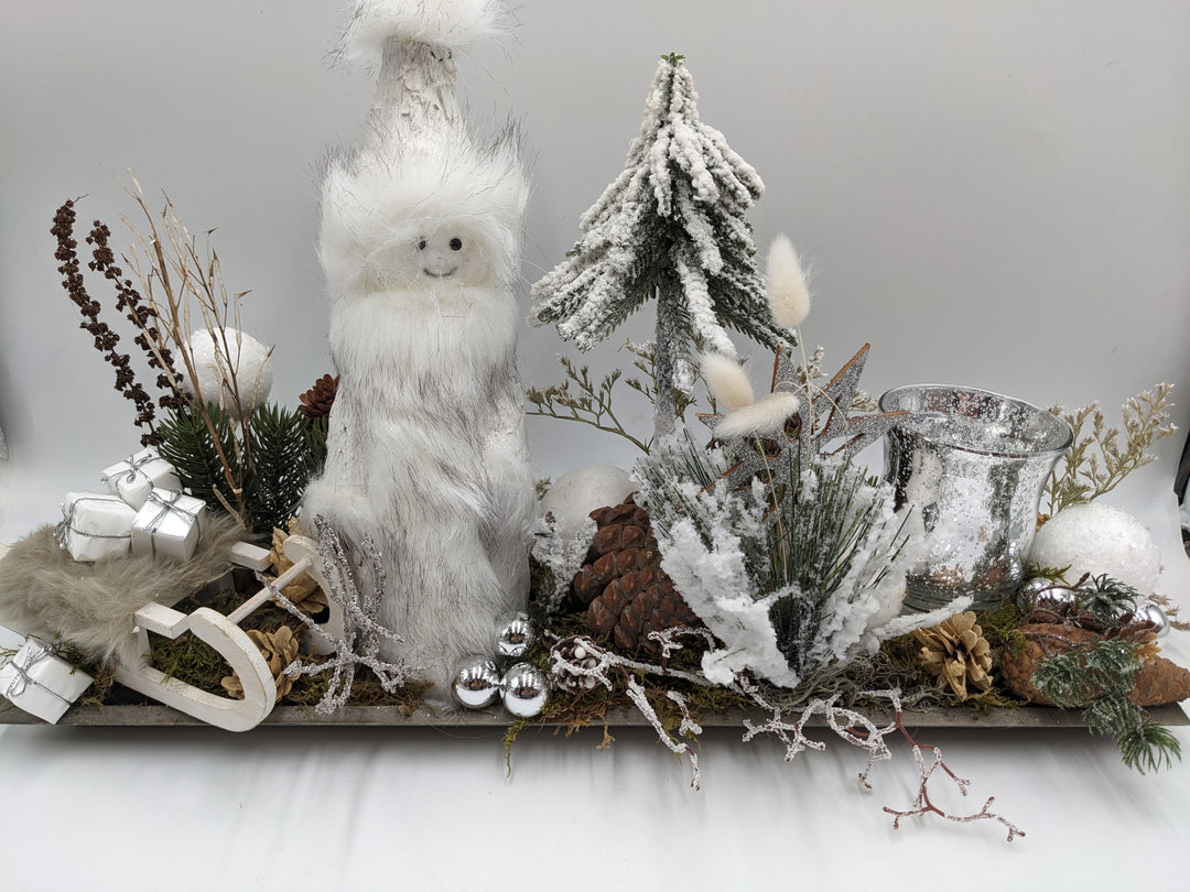 Weihnachtsgesteck Teelicht Schlitten Schneemann weiß