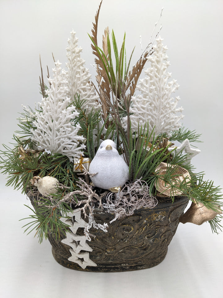 Wintergesteck Vogel Stern Mohn weiß