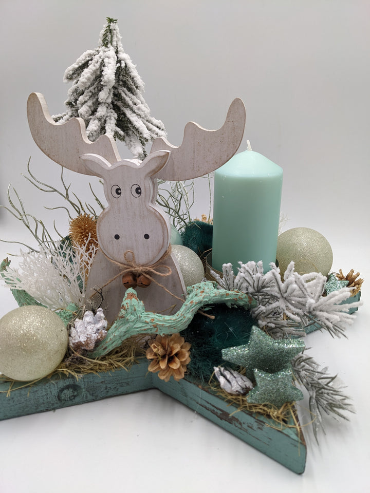 Weihnachtsgesteck Kugel Stern Hirsch mint