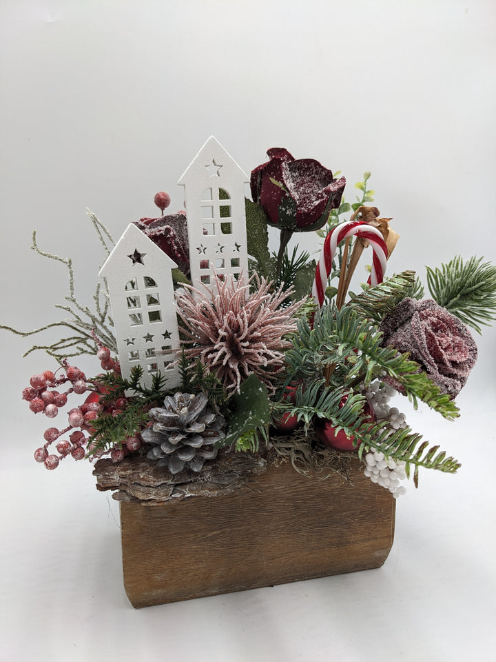 Weihnachtsgesteck Kugel Rose Zuckerstange rot
