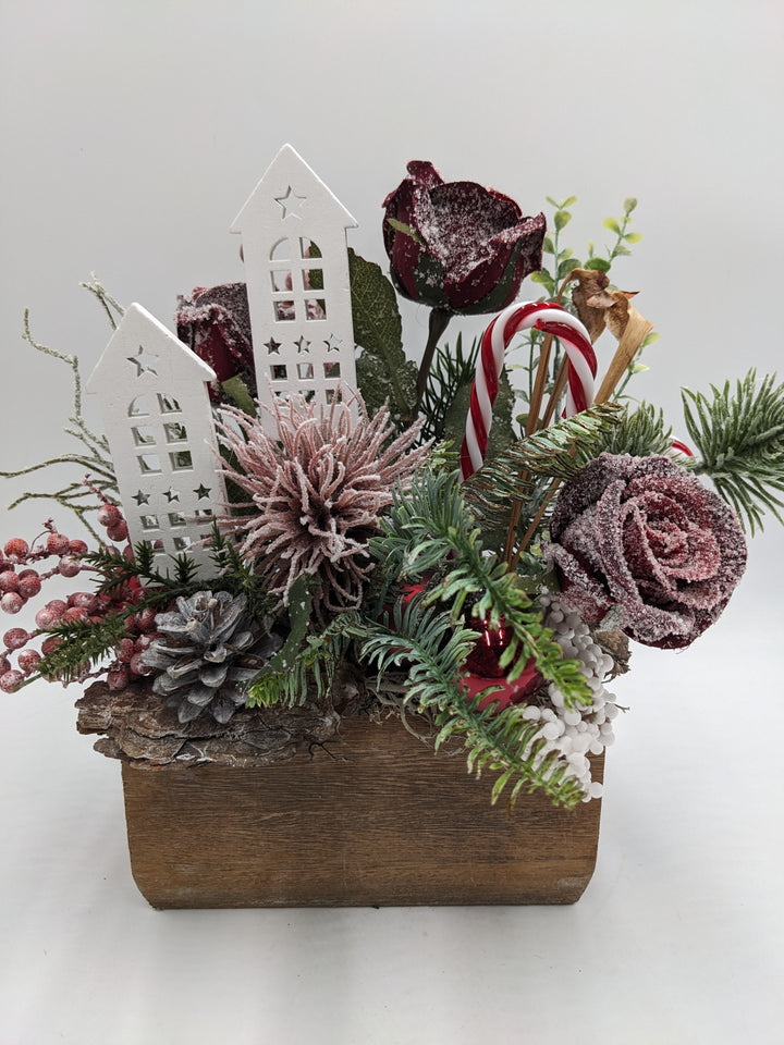 Weihnachtsgesteck Kugel Rose Zuckerstange rot