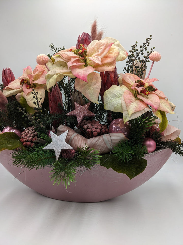 Weihnachtsgesteck Kugel Stern Weihnachtsstern  rosa