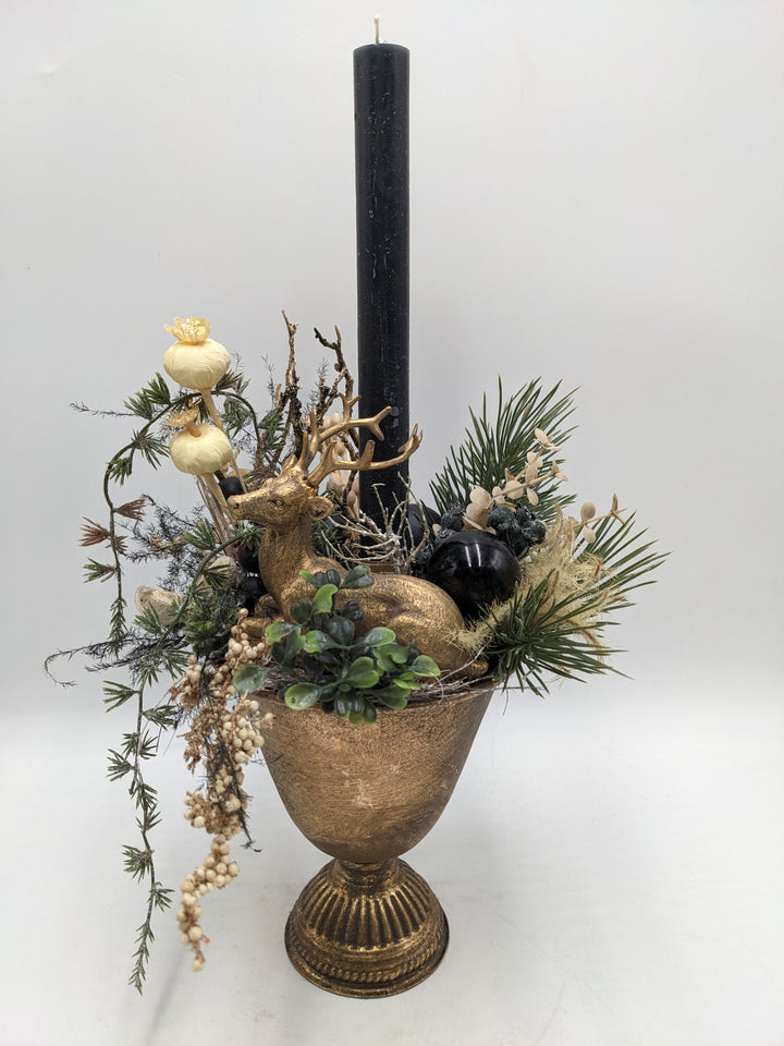 Weihnachtsgesteck Kugel Mohn Hirsch gold