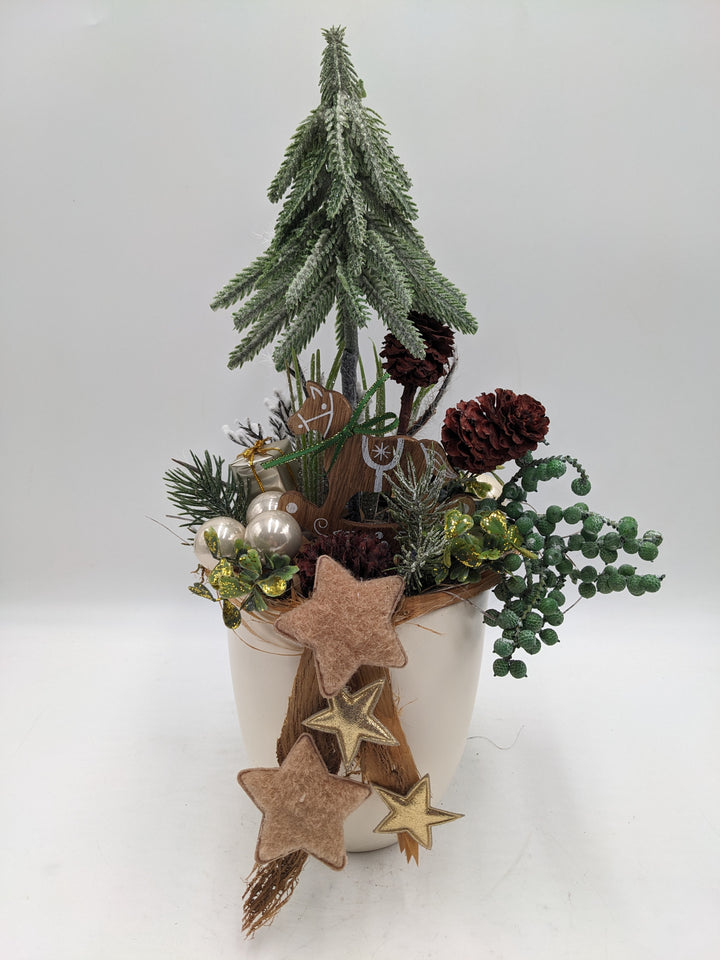 Weihnachtsgesteck Kugel Stern Schaukelpferd creme