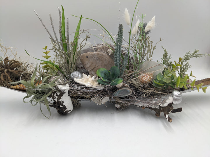 Sommergesteck maritim Schnecke Fisch Eukalypthus natur
