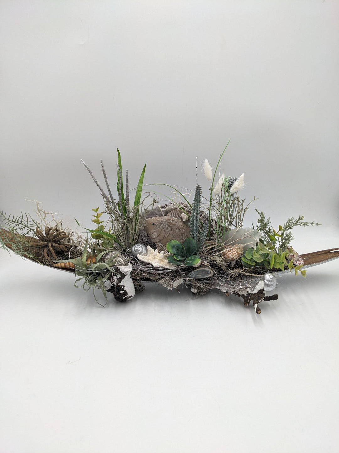 Sommergesteck maritim Schnecke Fisch Eukalypthus natur
