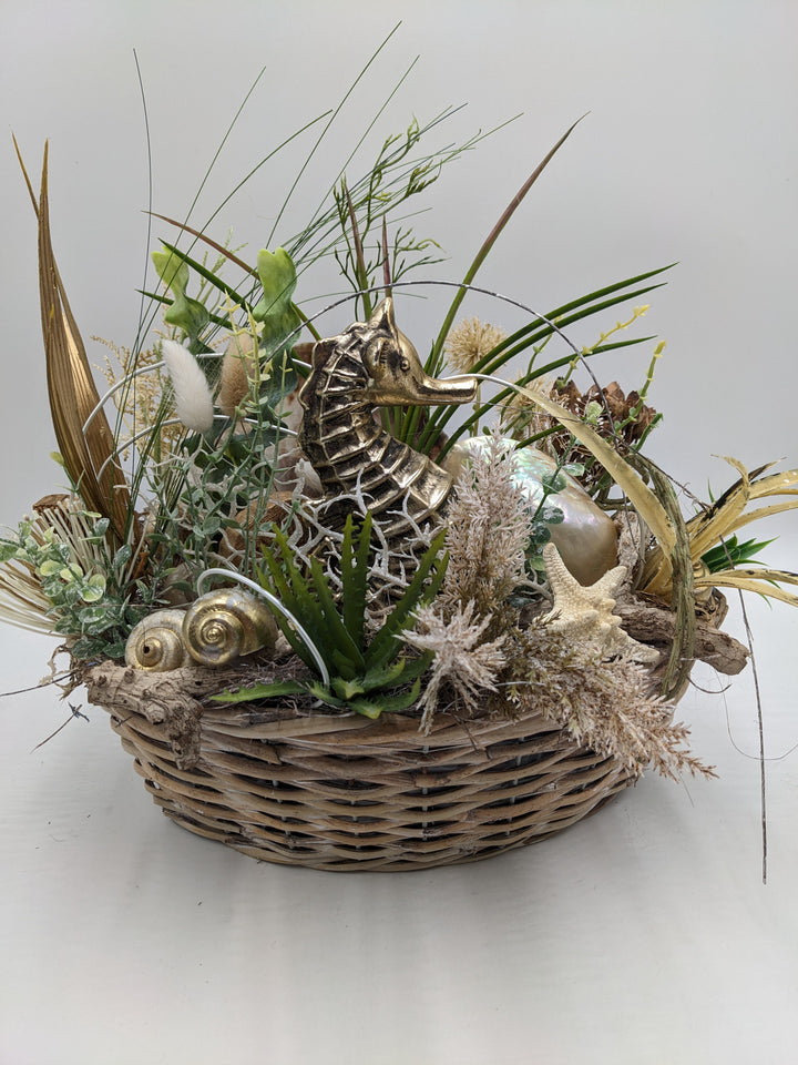 Sommergesteck Schnecke Seepferdchen Seestern gold