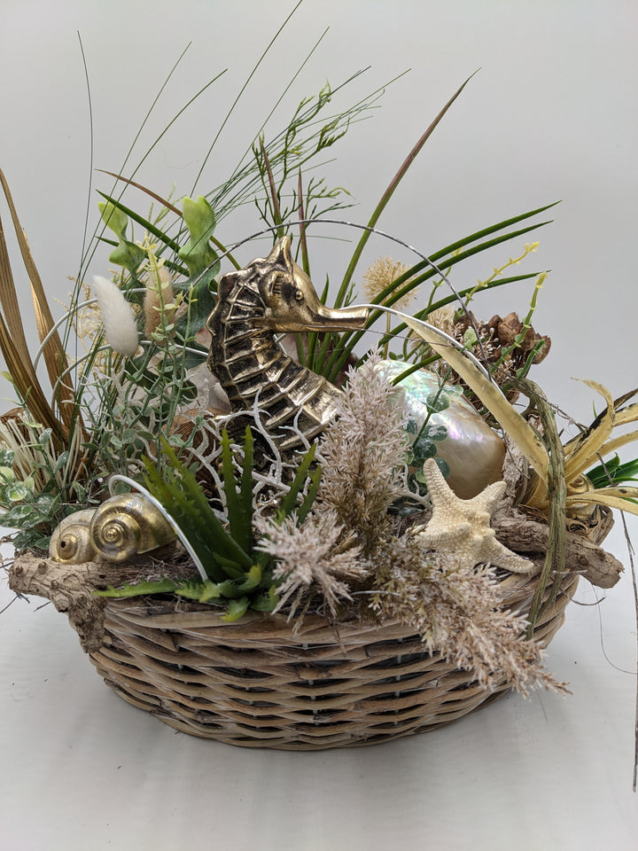 Sommergesteck Schnecke Seepferdchen Seestern gold