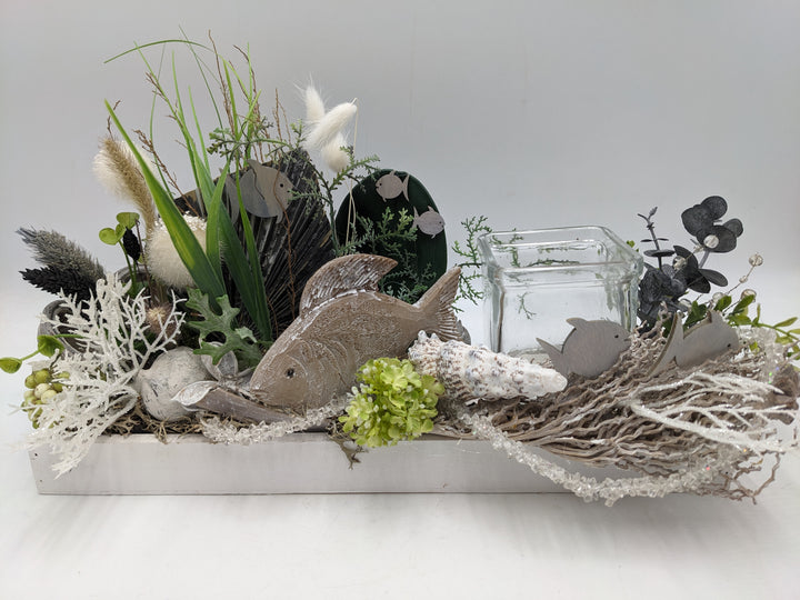 Sommergesteck maritim Teelicht Muschel Fisch creme