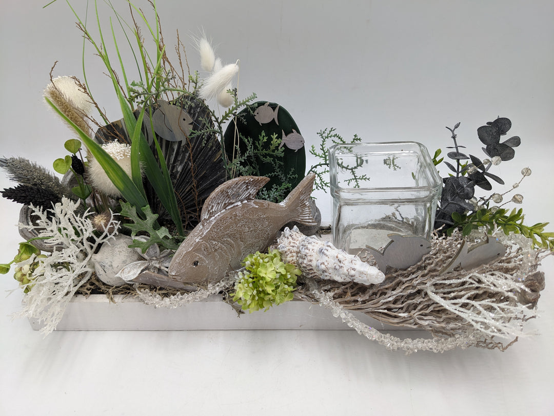 Sommergesteck maritim Teelicht Muschel Fisch creme