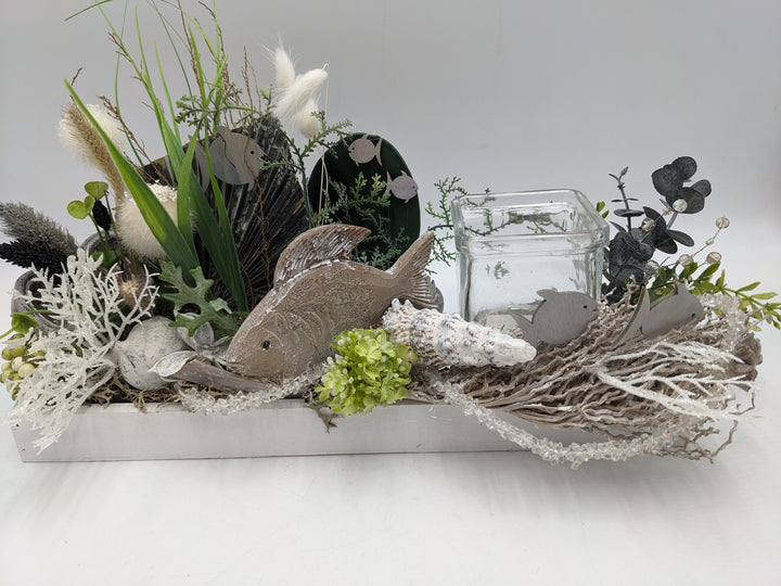 Sommergesteck maritim Teelicht Muschel Fisch creme
